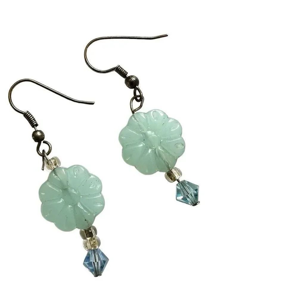 carved flower green aventurine and crystal drop earrings